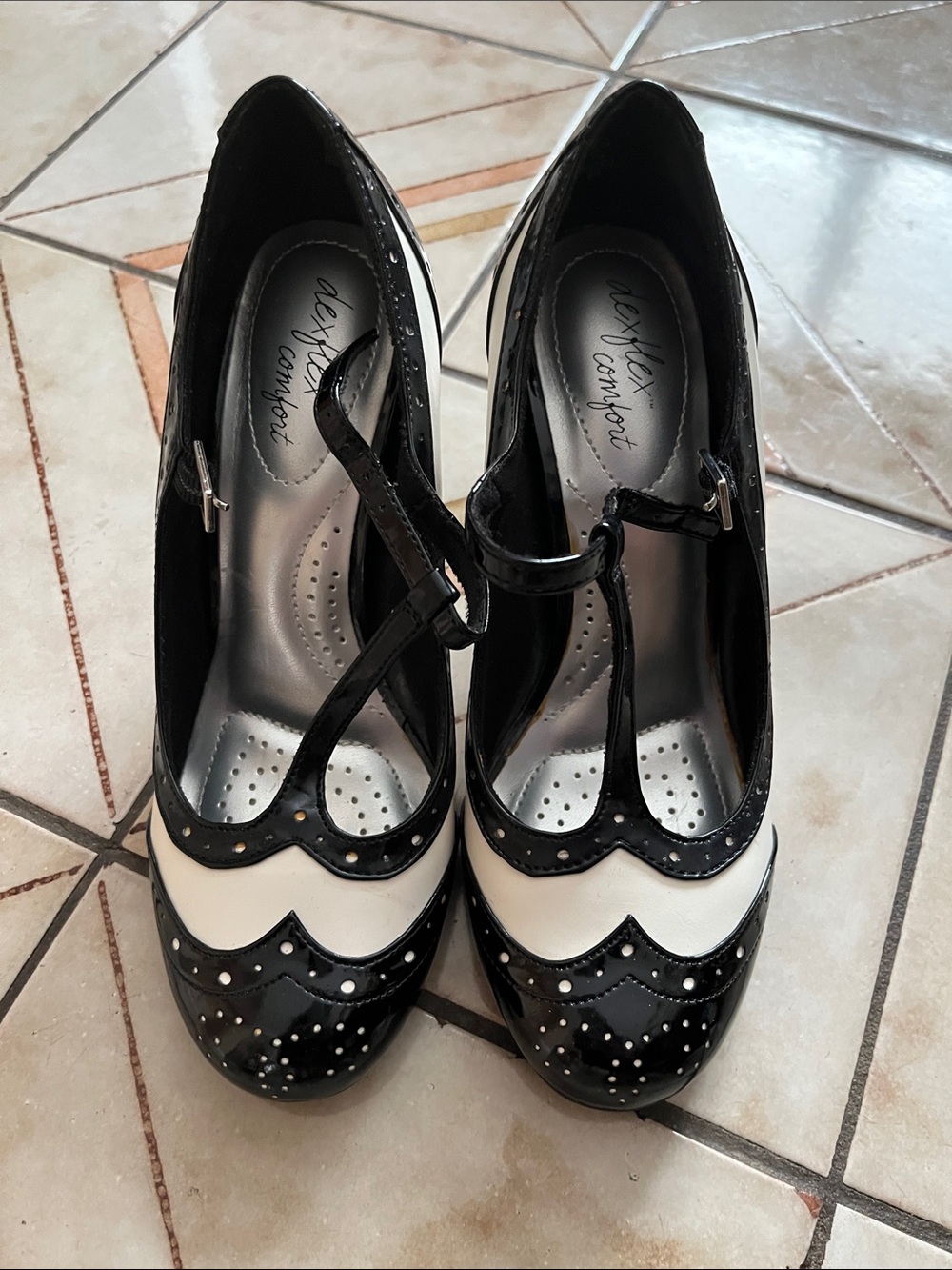 dexflex comfort Black and White T-Strap Brogues Heels